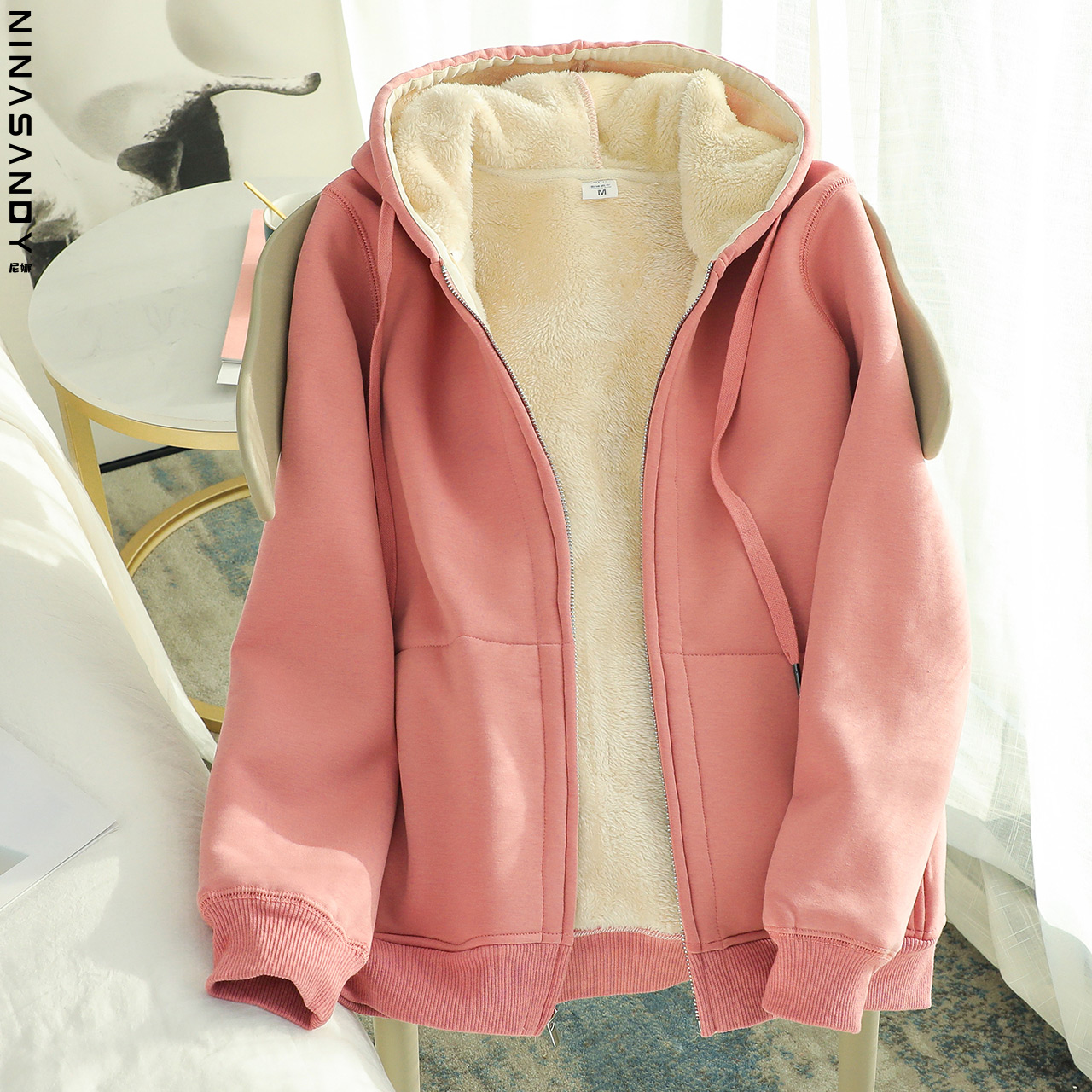 粉色连帽仿羊羔绒拉链外套女加绒加厚卫衣女保暖开衫上衣潮in学生