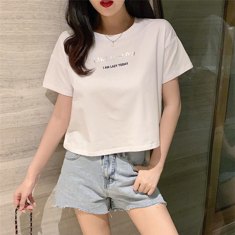 白色高腰t恤女短袖2022夏季新款宽松韩版网红纯棉上衣服短款ins潮