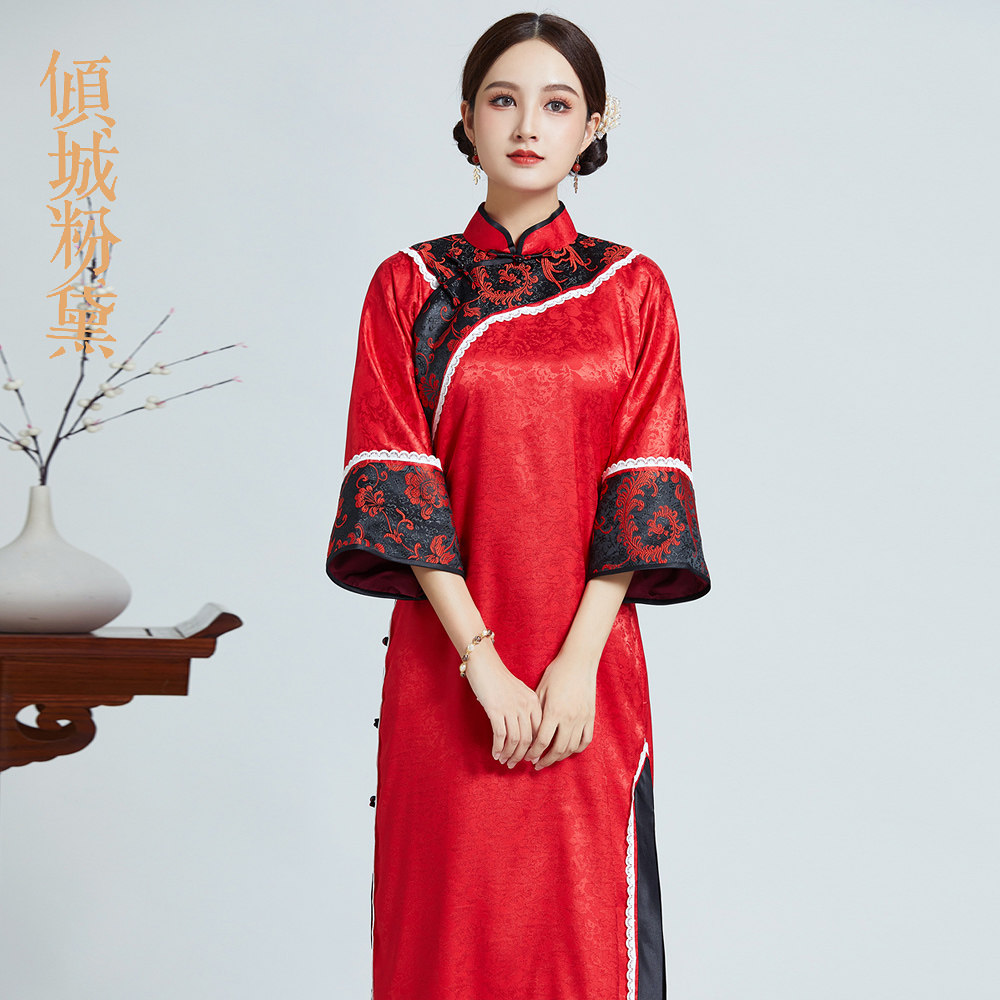 民国古法晚清旗袍倒大袖2021年夏季新款真丝连肩袖平裁华贵宫廷风