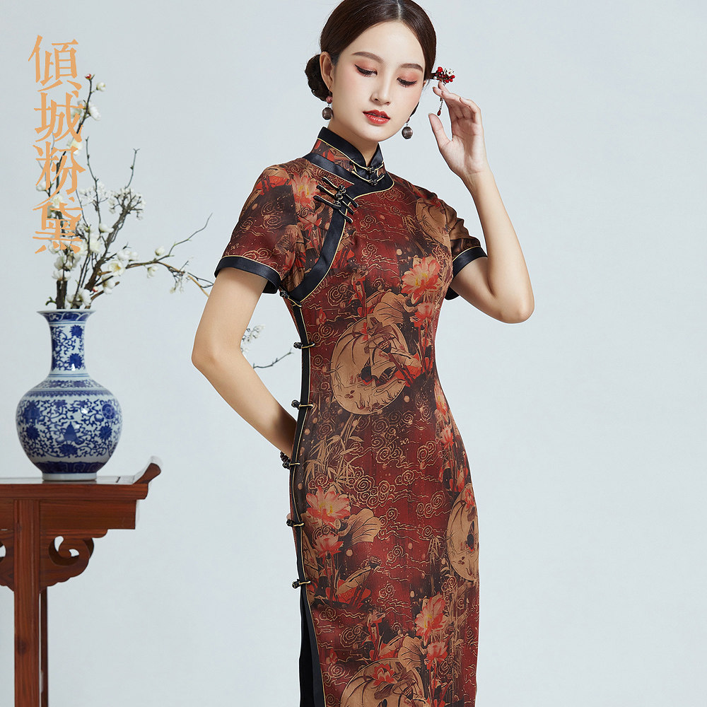倾城粉黛丨2021秋季新款丨真丝香云纱民国风复古印花旗袍连衣裙女