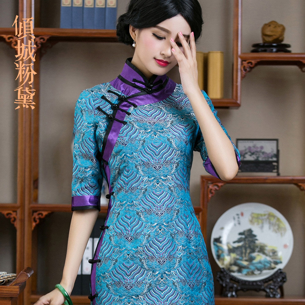 倾城粉黛2021秋季春秋新款改良真丝云锦中长款旗袍裙中式锦缎女士