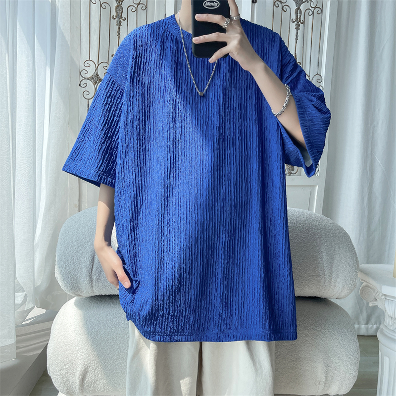 冰丝短袖t恤男高级感褶皱透气垂感半袖宽松大码夏季克莱因蓝上衣