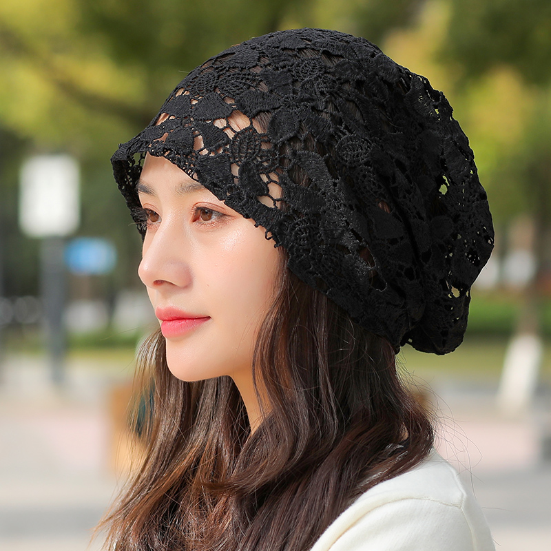 帽子女士春夏季薄款透气包头帽遮白发蕾丝头巾帽花朵洋气堆堆帽子