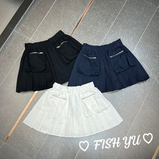 FISH YU夏季新款韩版高品质美式工装松紧腰口袋百褶裙裙裤女