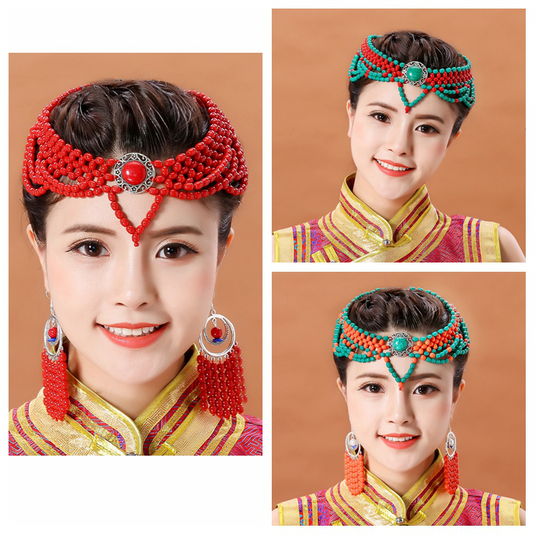 女士蒙古族舞蹈演出珠子头饰手工串珠民族舞蹈蒙古服配饰新娘头饰