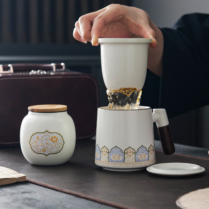 紫薇莲花白色家用陶瓷茶水分离杯办公室喝水杯国庆节商务礼品定制