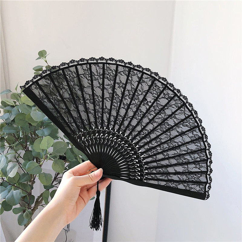 抖音同款华丽古风日式和风性感透视镂空蕾丝折扇中国风旗袍扇子女