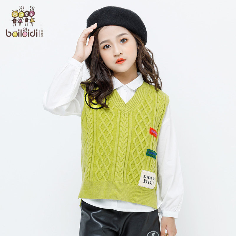 贝蕾地女童毛线背心女宝宝领无袖儿童毛衣女新款常规无袖