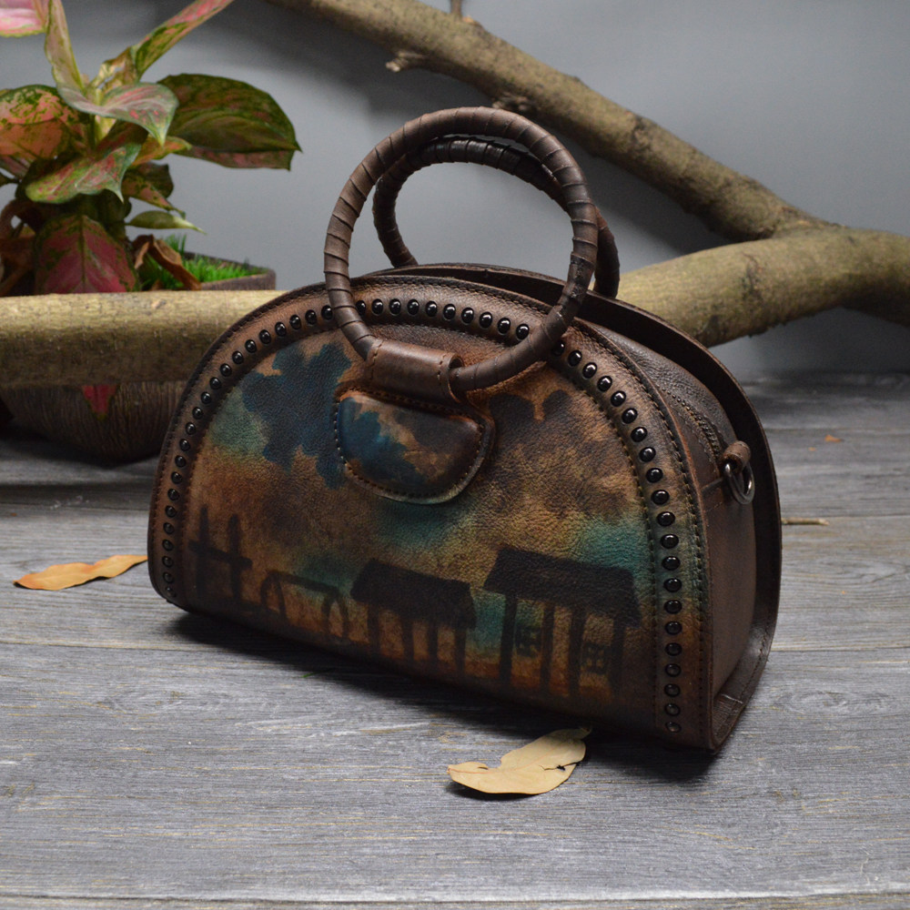 五一放价年新款铆钉复古真皮女包扇形手提包纯手工手绘单肩包