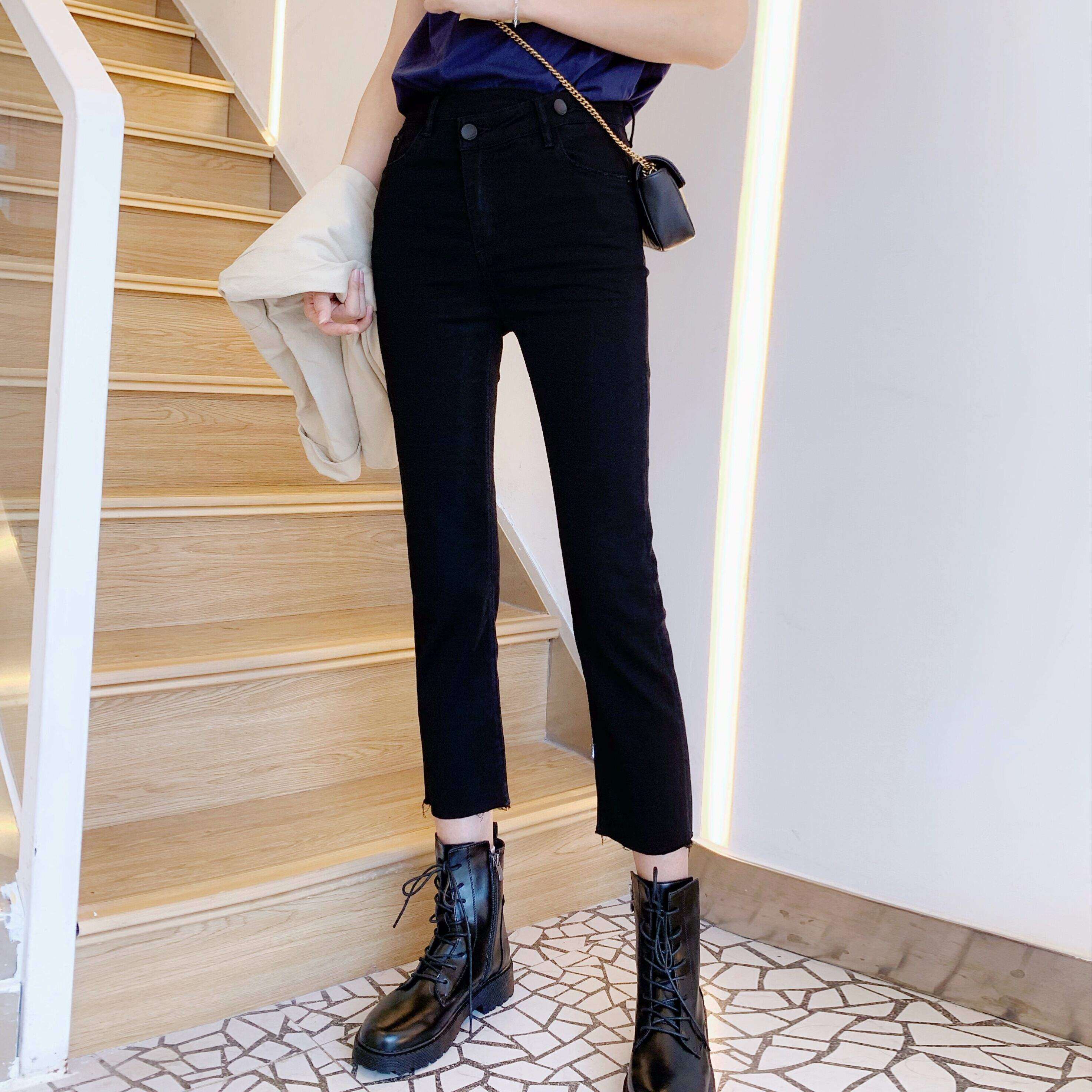 佐娜71521纯黑色高腰牛仔烟管裤女2021新款显瘦百搭小直筒九分裤