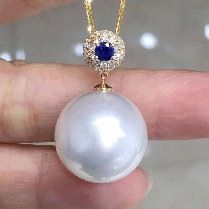 澳白珍珠吊坠18k金镶钻蓝宝石17-18mm正圆白色海水南洋白珠圆形款