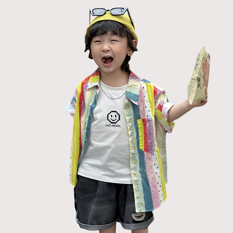 儿童短袖衬衫夏款男童上衣薄款夏季彩虹衬衣洋气韩版宝宝衣服夏装