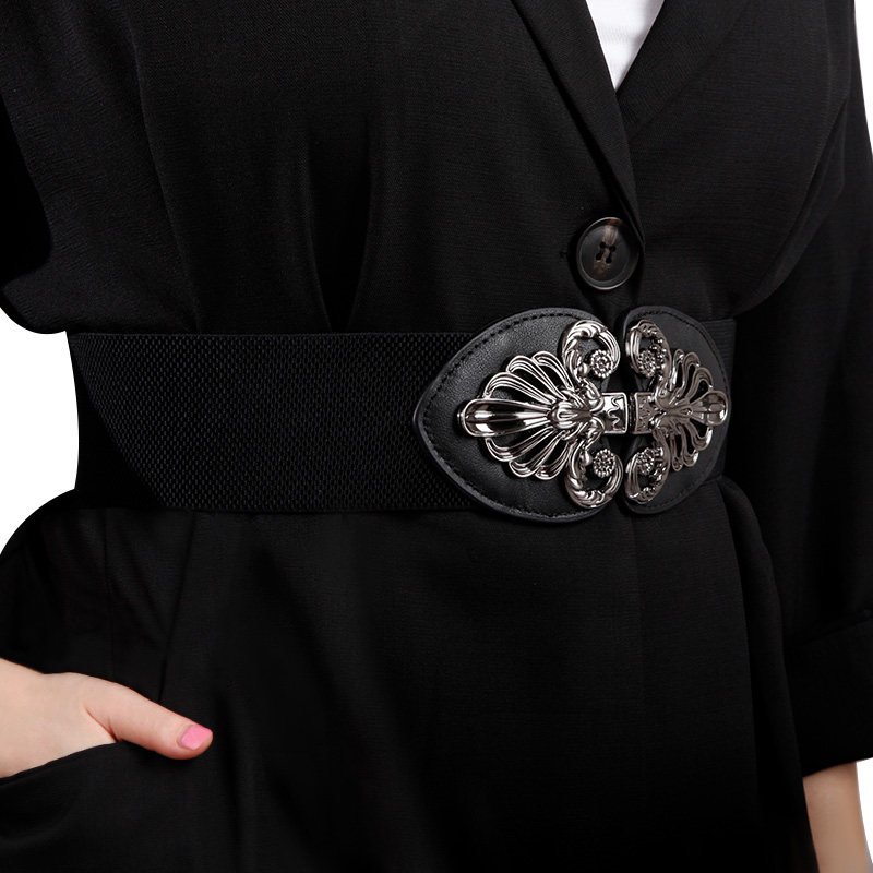 yeko女士弹力松紧二层牛皮腰封复古新款装饰裙子腰带女配西装腰封