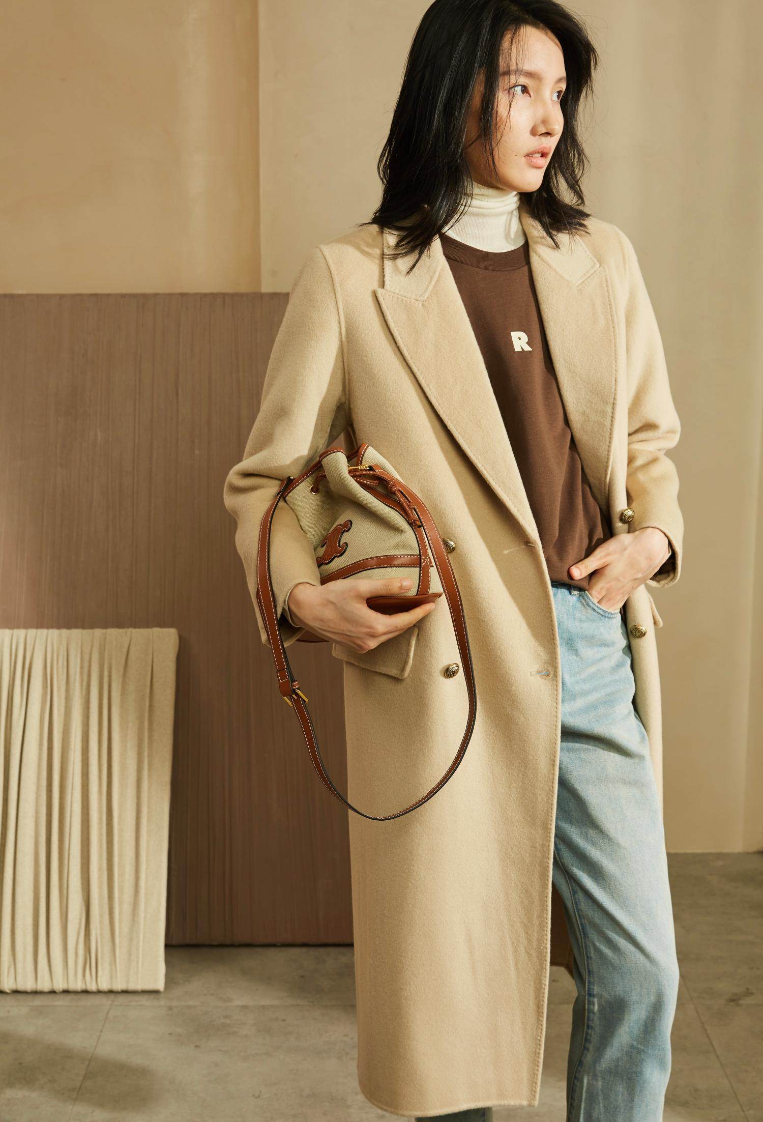 法系羊毛中长款呢子大衣女21新款秋冬杏色宽松双面昵西装毛呢外套