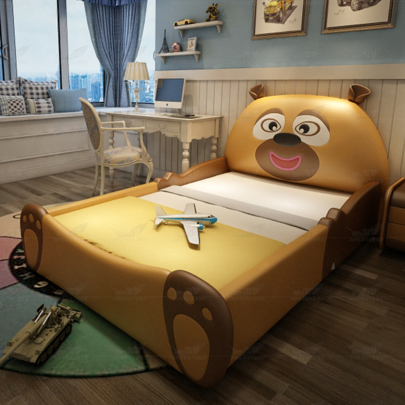 儿童床男孩女孩汽车床 1.2米单人卡通创意跑车真皮床1.5m带护栏