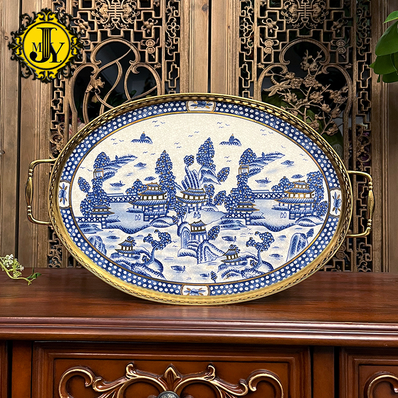 欧式高档奢华铜陶瓷托盘法式别墅美式复古餐厅收纳精致装饰品摆件