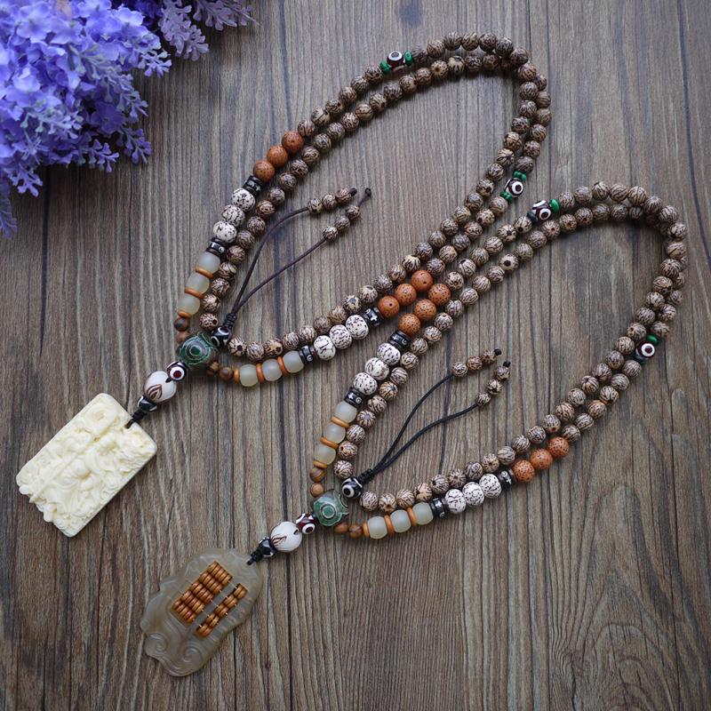 原创复古民族风无事牌吊坠菩提子羊角佛珠项链男士女士长款毛衣链