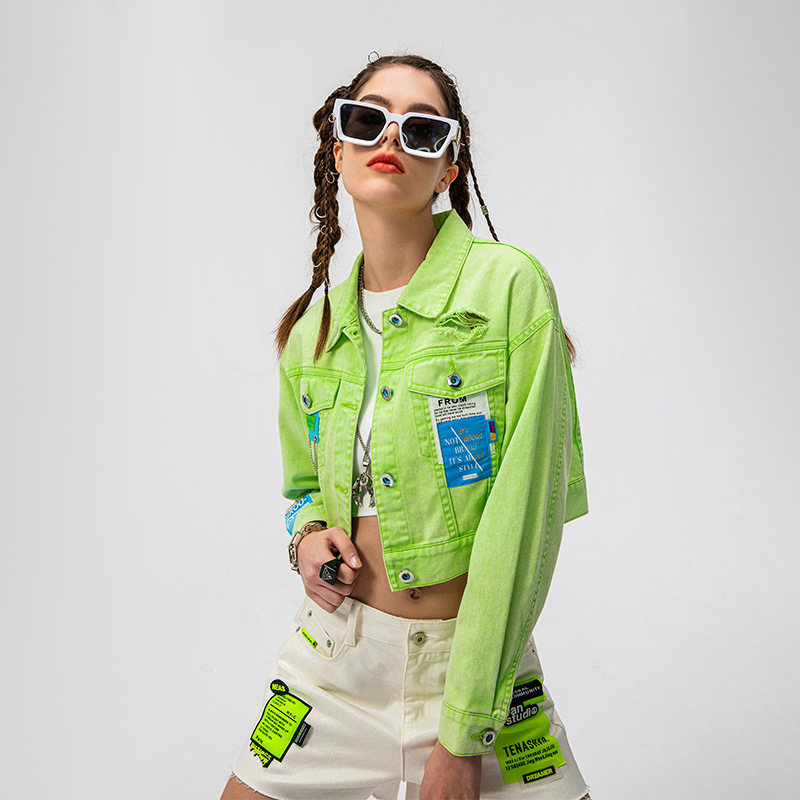 拓谷潮牌女装2022春夏新款欧货时尚马卡龙色炒花短款牛仔外套女