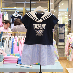 T+女童海军领拼接连衣裙韩国童装代购2024年夏季儿童学院风裙子