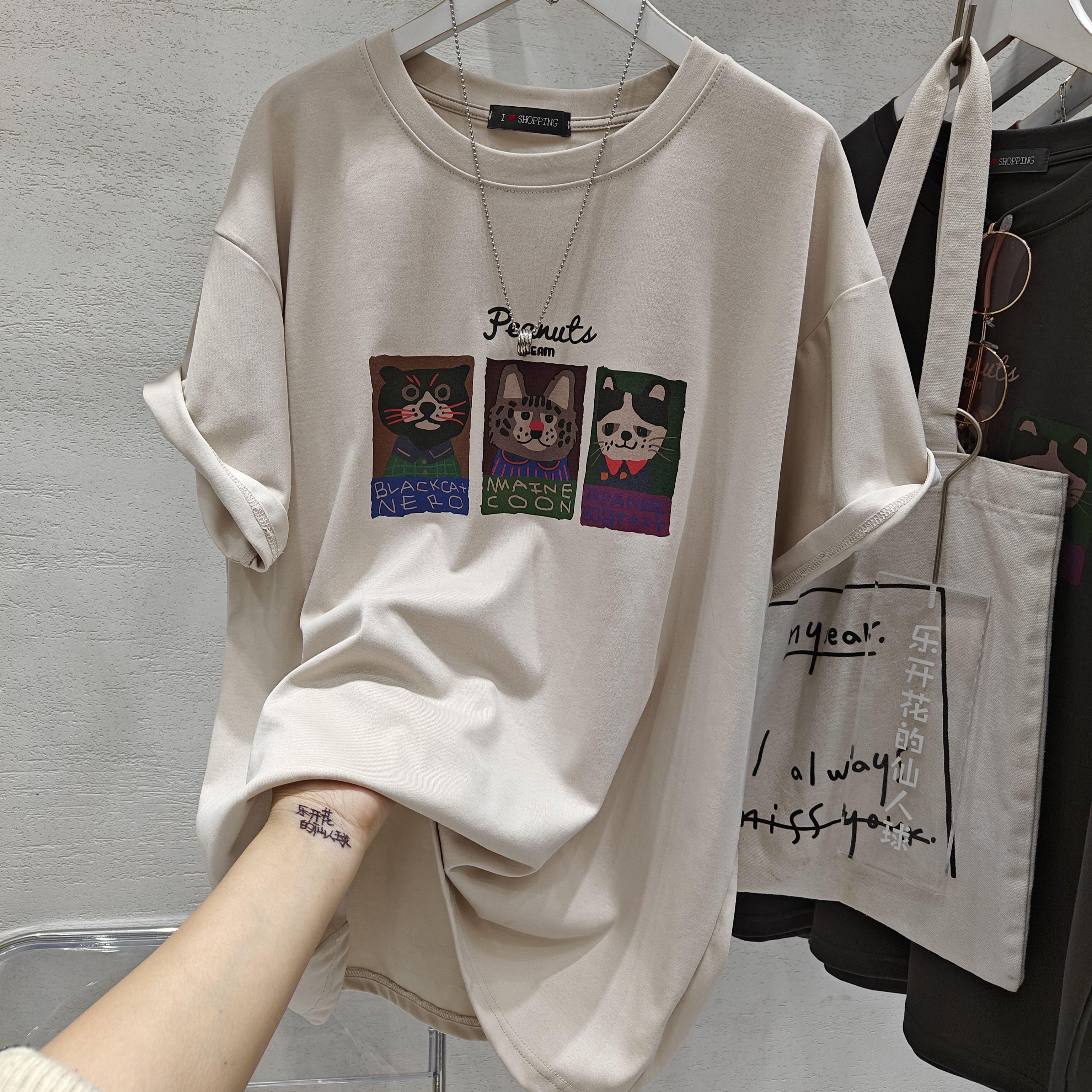 韩版卡通猫咪印花宽松休闲短袖T恤女夏季2024新款减龄显瘦上衣潮