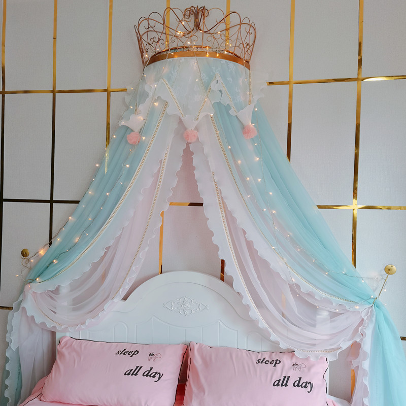 公主床幔床帘床头帘装饰纱小香风温馨家用卧室马卡龙毛球珍珠大边