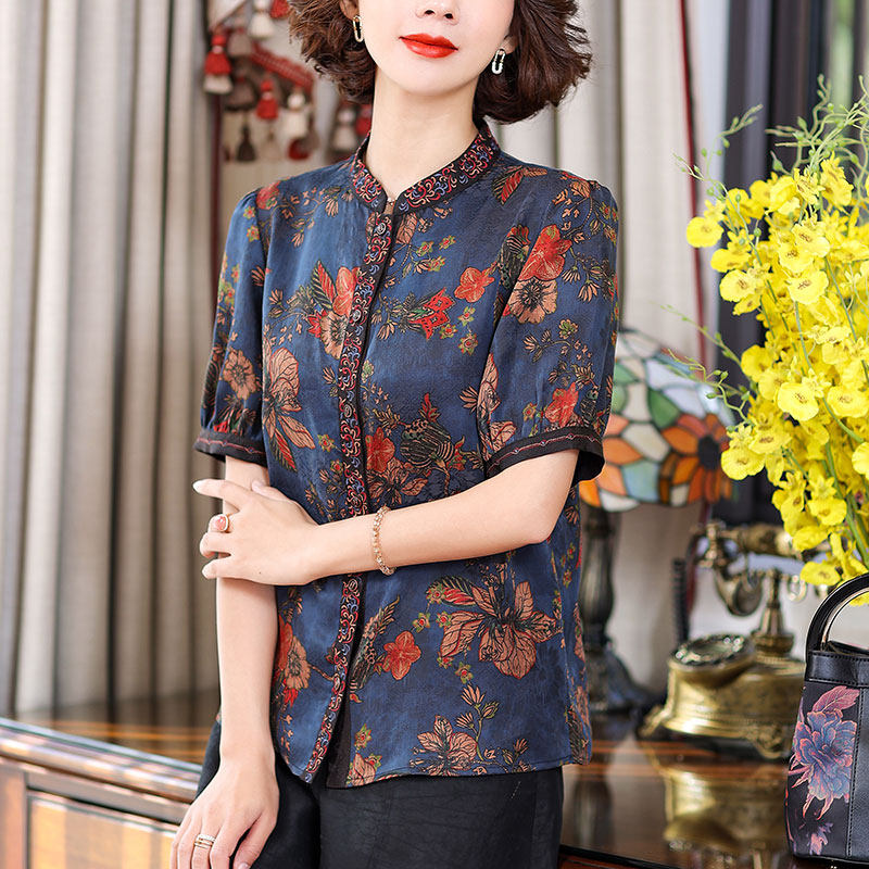 特价真丝香云纱上衣女短款五分袖开衫绣花桑蚕丝t恤小衫年轻款夏
