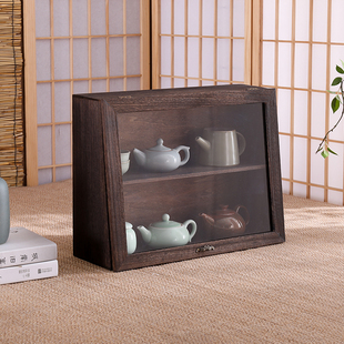 实木双层茶杯柜防尘玻璃茶壶展示架摆件收纳架茶具置物盒茶道茶棚