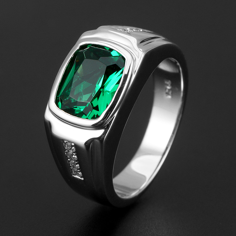 纯银镀金祖母绿水晶绿宝石戒指男个性潮男纯银男士单身戒子可刻字