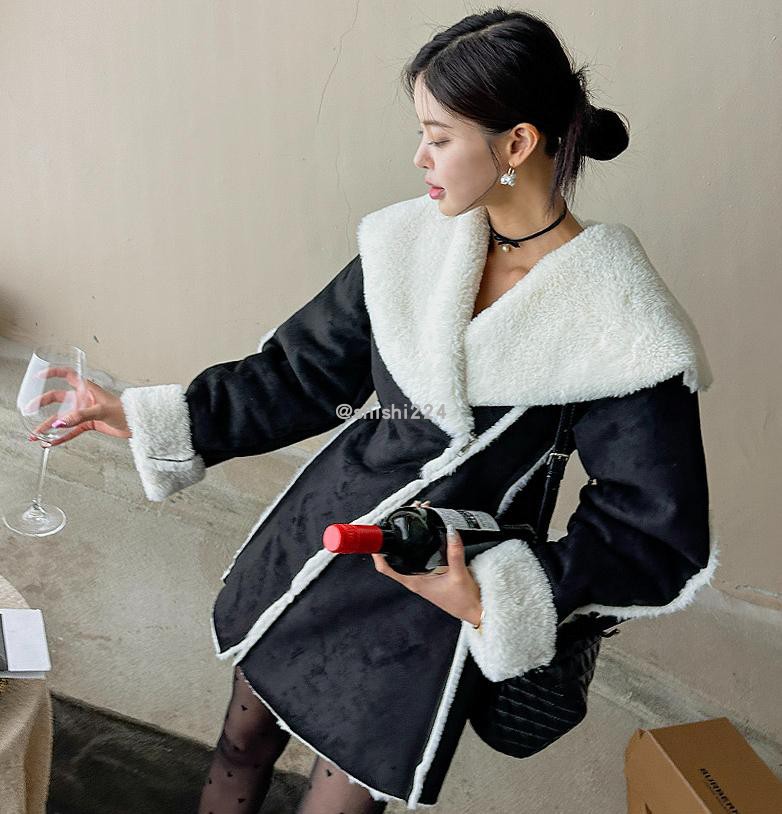 韩国官网代购冬款甜酷女王时尚大半开领单排扣仿皮毛拼接外套