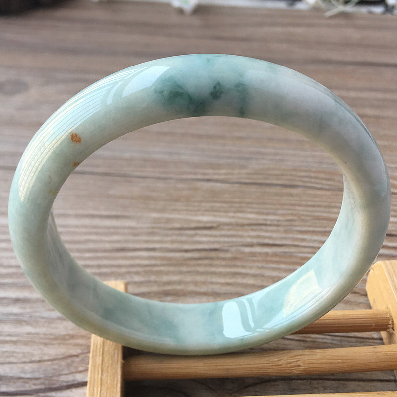 老坑a货翡翠手镯大号63mm正圈飘花蓝色圆镯带证书天然缅甸玉镯子