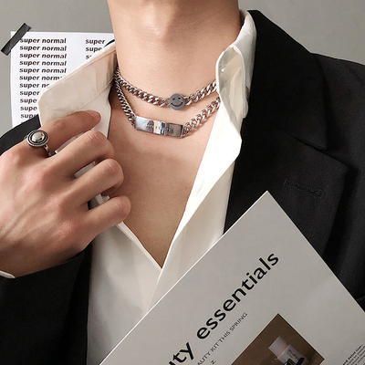saz 简约钛钢不掉色冷淡风字母弯牌项圈链条笑脸小众choker项链男