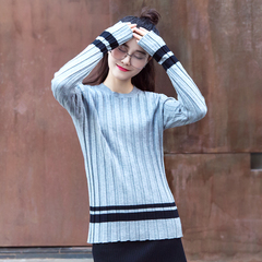2016秋冬韩版新款圆领毛衣条纹针织衫女装套头长袖修身打底衫上衣