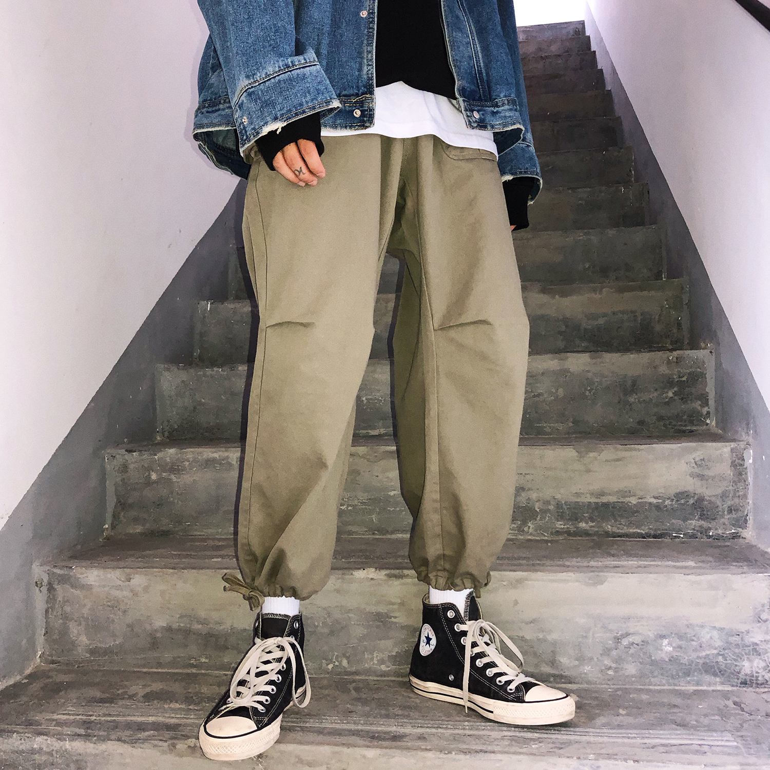 秋季新款港风宽松裤脚抽绳休闲裤男女潮流hiphop裤子男工装裤长裤
