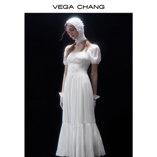 VEGA CHANG法式连衣裙女2024年夏季新款方领小众气质泡泡袖长裙子