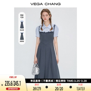 VEGA CHANG法式连衣裙女2024年夏季新款假两件显瘦学院风短袖长裙