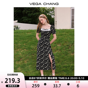 VEGA CHANG黑色碎花连衣裙夏2024新款女装法式小众小雏菊茶歇裙子