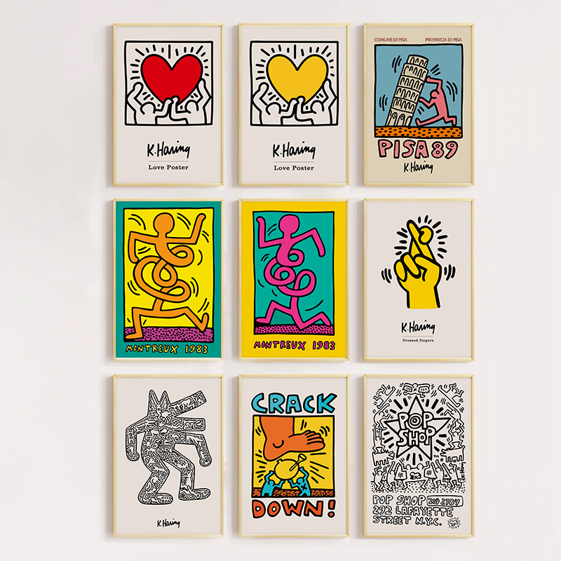 凯斯哈林涂鸦挂画Keith Haring创意小众艺术装饰画卡通抽象摆画