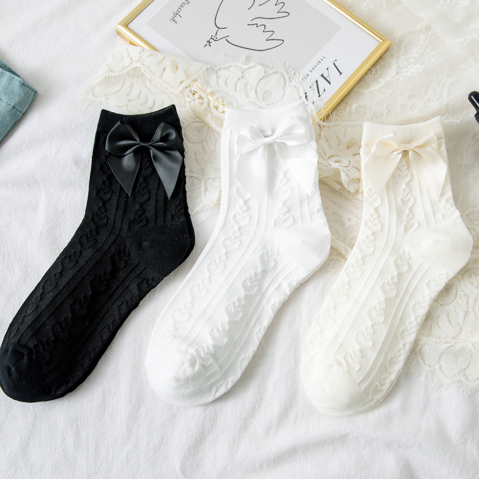 蝴蝶结jk制服袜子女春秋夏薄款中筒袜纯棉可爱日系软妹公主白袜子