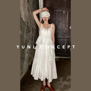 YUNL ▪️设计师款法式初恋不规则荷叶边白色吊带仙女裙连衣长裙