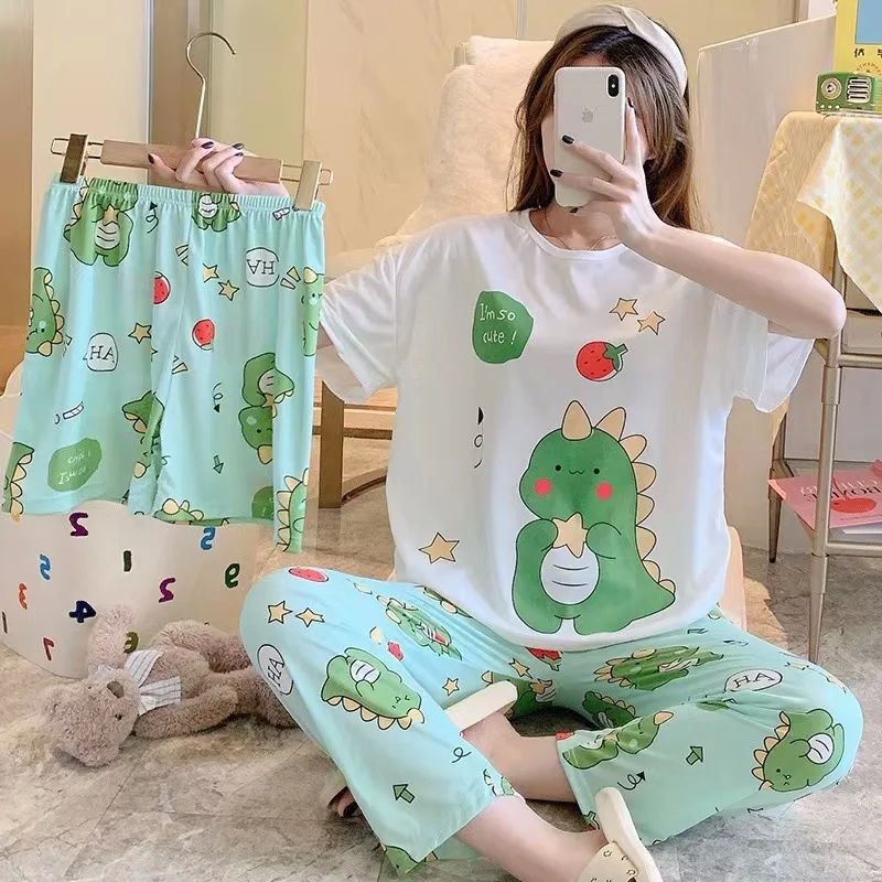 Women Three-piece Set Senior sense Pajamas Print Sleepwear S