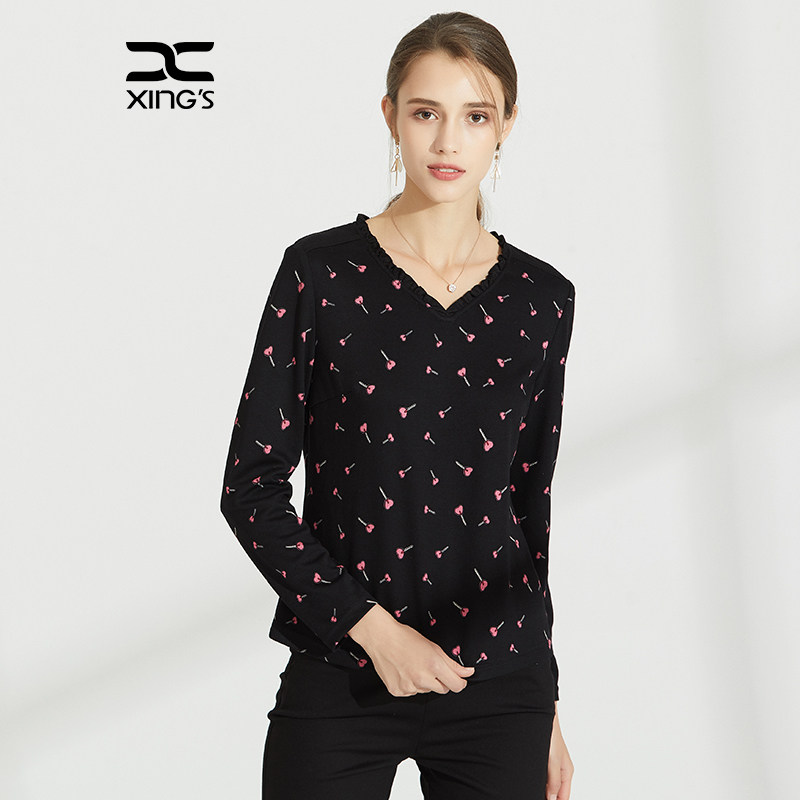 邢氏女装大码印花v领长袖t恤女2019秋装新款修身气质妈妈宽松上衣