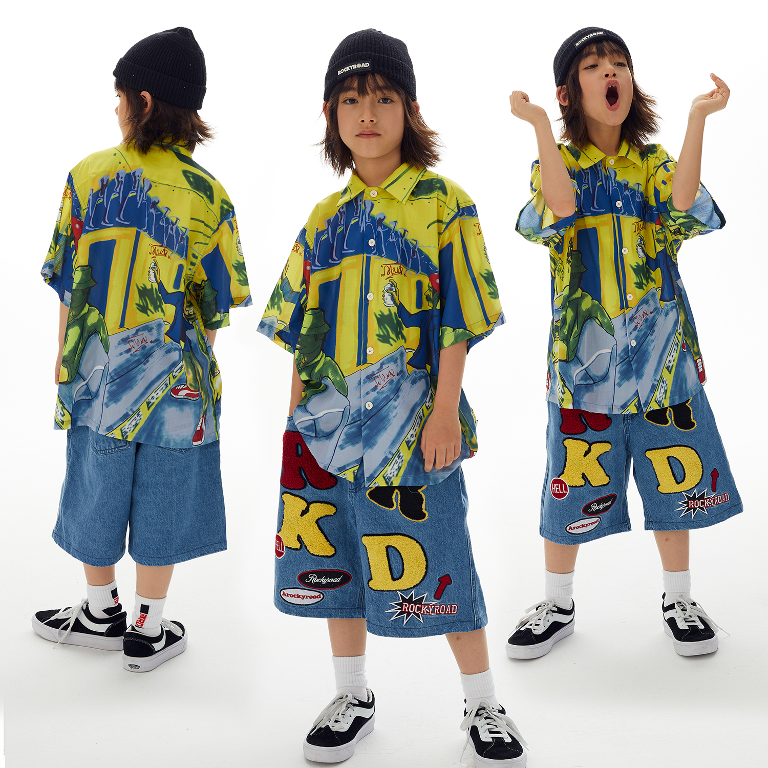六一儿童节演出服男童嘻哈潮服街舞套装hiphop炸街夏季花衬衫