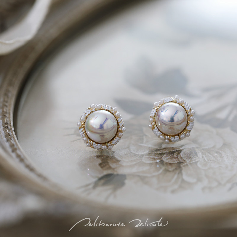 马贝耳钉珍珠复古港味无耳洞耳环女无痛法式气质巴洛克耳夹蚊香盘