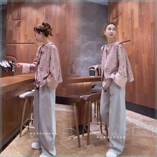 2024早春气场强大女装唐装粉色新中式国风马甲衬衫裤子三件套装女