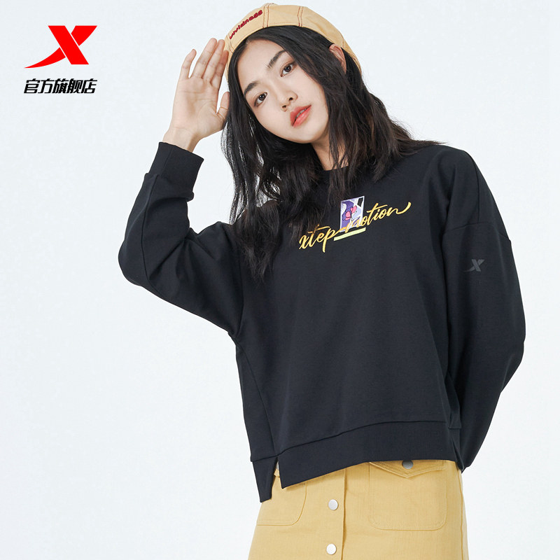 特步卫衣女春装女装2022新款春季潮流印花运动上衣休闲圆领套头衫