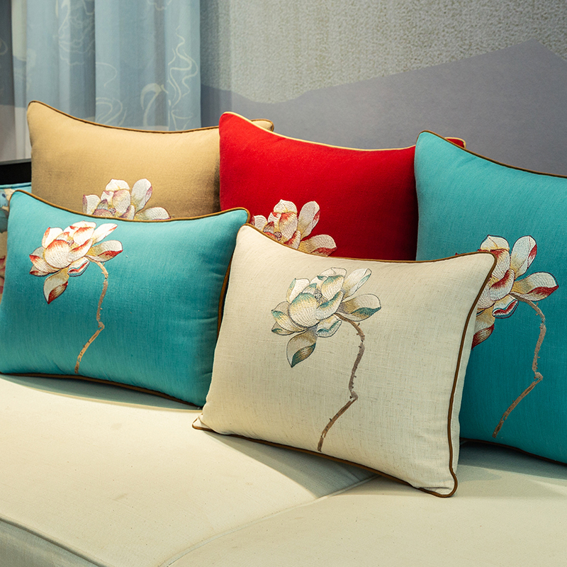 新中式棉亚麻抱枕靠垫刺绣中国风夏天季荷花抱枕实木客厅沙发靠枕