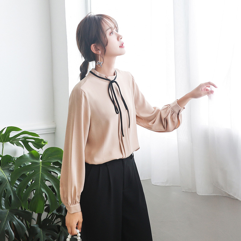 雪纺衬衫女蝴蝶结系带夏季韩版长袖白衬衣2020新款设计感小众上衣