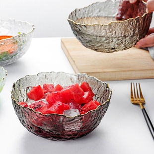 冰露玻璃碗沙拉碗日式金边碗碟套装家用餐具个性大水果盘子甜品碗