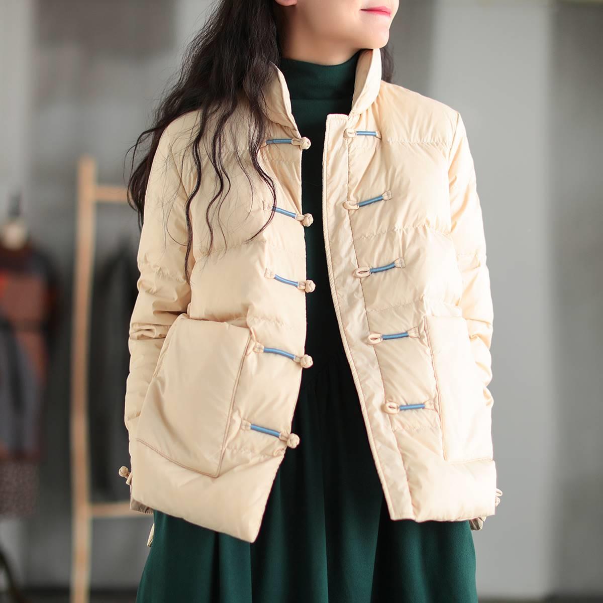 复古文艺盘扣立领轻薄绒服女宽松白加厚vsu羽百搭鸭绒暖保面包服