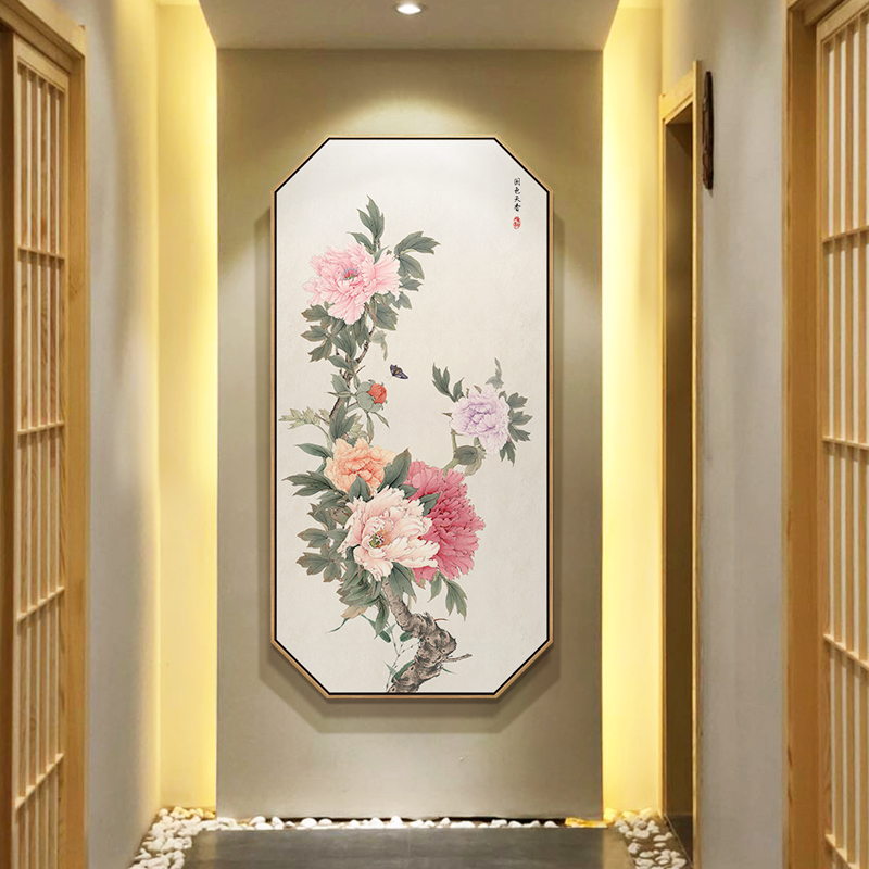 花开富贵寓意好玄关装饰画新中式走廊尽头竖版壁画牡丹花进门挂画